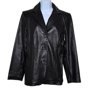 Siena Black Genuine Leather Jacket Notched Lapel Mid Length Lined Coat Womens 10